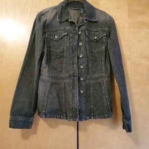 DKNY JEANS Jacket Womens Large Black Fitted Distressed Denim Button 100% Cotton